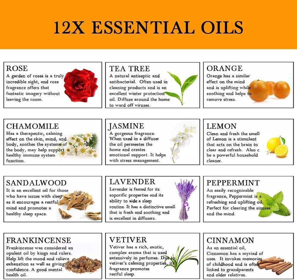 12 Essential Oil Set For Diffuser 100 Pure Plant Oil Rose Jasmine Vetiver Peppermint Sandalwood Chamomile Tea Tree Frankincense Lavender Cinnamon Orange Lemon Amazon De Health Personal Care