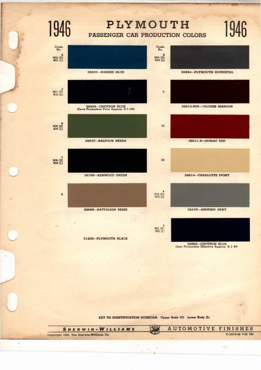1946 1948 Plymouth Special Deluxe Paint Chips 46 Sherwin Williams 11PC