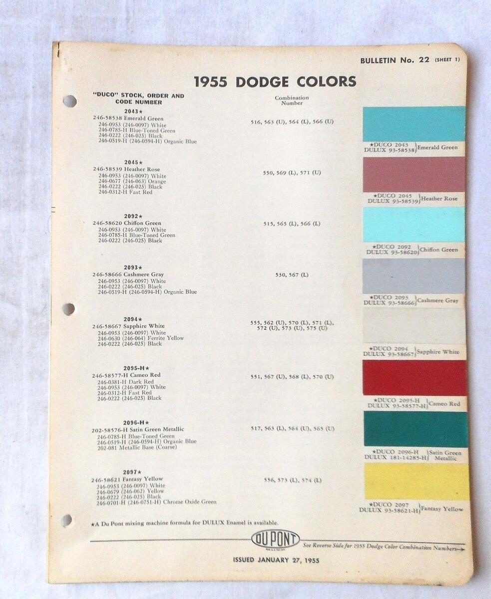 1955 DODGE DUPONT COLOR PAINT CHIP CHART ALL MODELS ORIGINAL MOPAR EBay