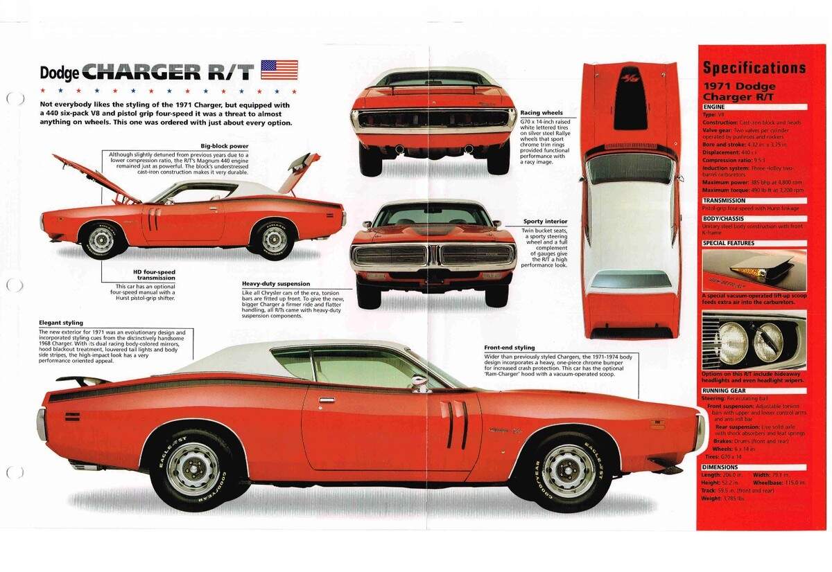 1971 DODGE CHARGER R T 440 6 PAK SPEC SHEET Brochure EBay