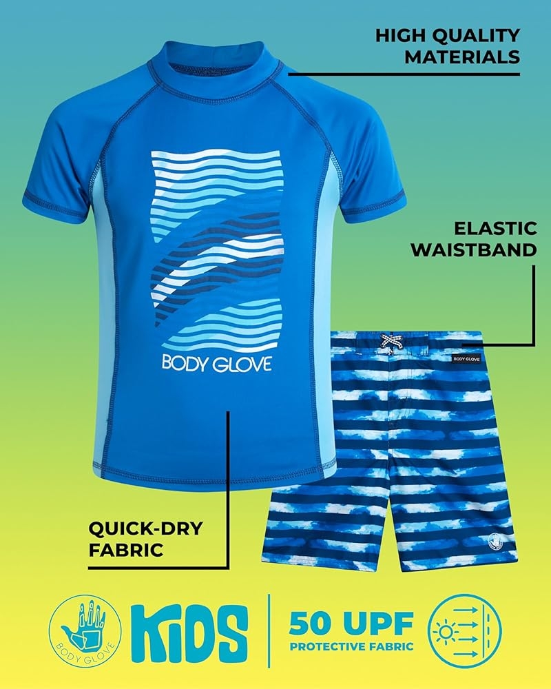 Amazon Body Glove Boys Swim Set 4 Piece UPF 50 Swim Trunks And Rash Guard For Boys Kids Swimwear Set Sizes 4 12 Size 4 Lime Beach Navy Waves Clothing Shoes Jewelry