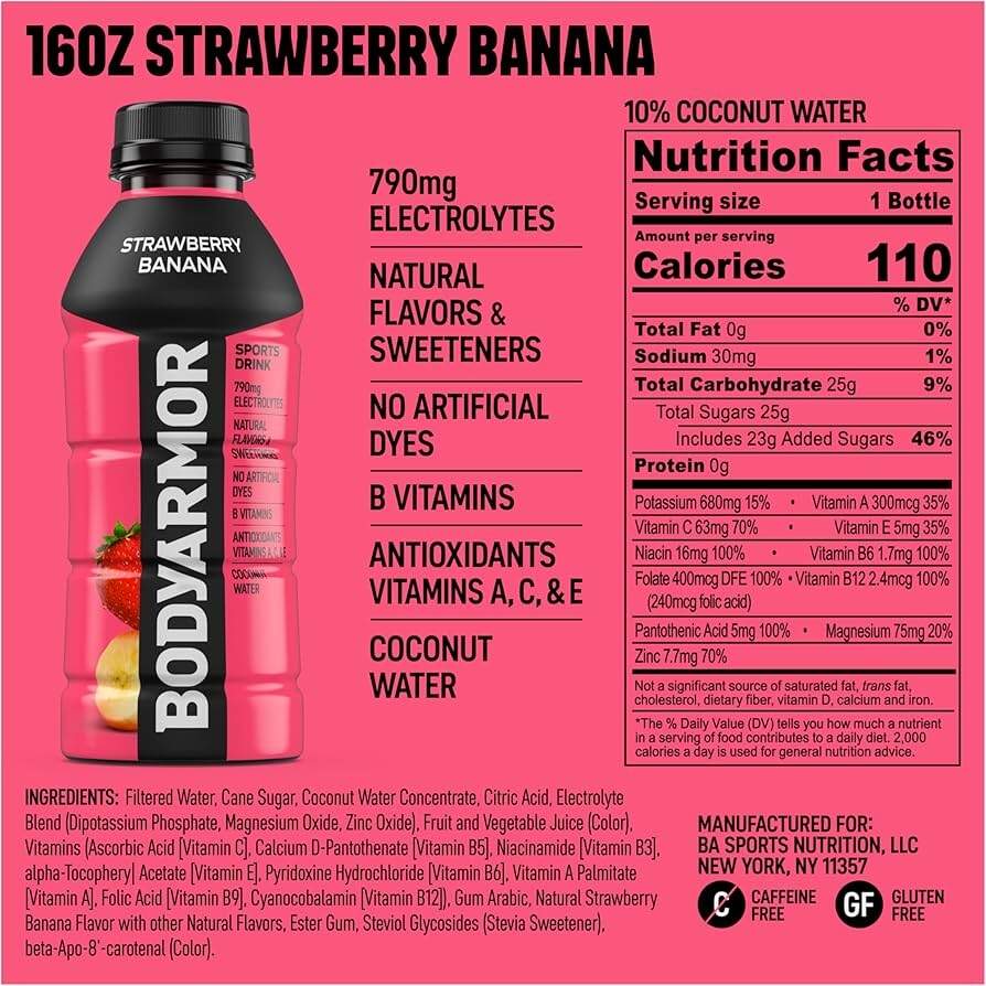 Amazon BODYARMOR Sports Drink Strawberry Banana Electrolyte Drink Hydration 16 Fl Oz Bottles 12 Pack Flavored Coconut Water With B Vitamins Antioxidants BODYARMOR CHILL Sports Drink Variety Pack 20 Fl Oz 18 Pk Samsclub