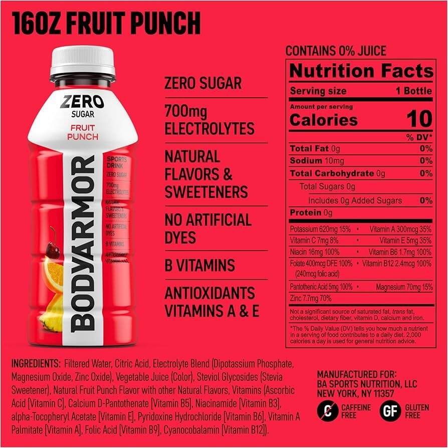 Amazon BODYARMOR ZERO Sugar Fruit Punch Electrolyte Drink Natural Flavors 16 Fl Oz Bottles 12 Pack B Vitamins Antioxidants Sugar Free Hydration Amazon BODYARMOR ZERO Sugar Fruit Punch Electrolyte Drink Natural Flavors 16 Fl Oz Bottles 12 Pack B Vitamins Antioxidants Sugar Free Hydration