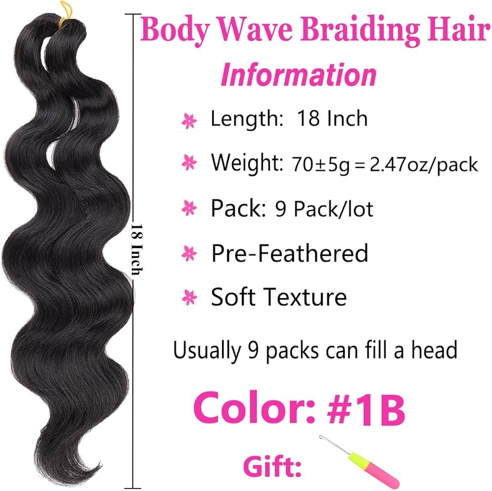 Amazon COOKOO 18 Inch Body Wave Braiding Hair 9 Packs Natural Black Pre Feathered Braiding Hair For Boho Box Braids Bouncy Wavy Crochet Braids French Curl Crochet Braids Synthetic Hair Extensions 1B