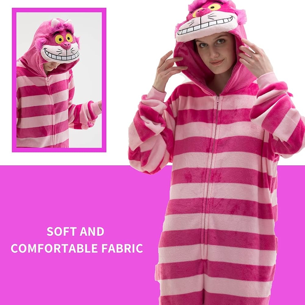 Amazon COSUSKET Snug Fit Adult Cheshire Cat Onesie Pajamas Flannel Animal One Piece Halloween Costume Pink Large Clothing Shoes Jewelry