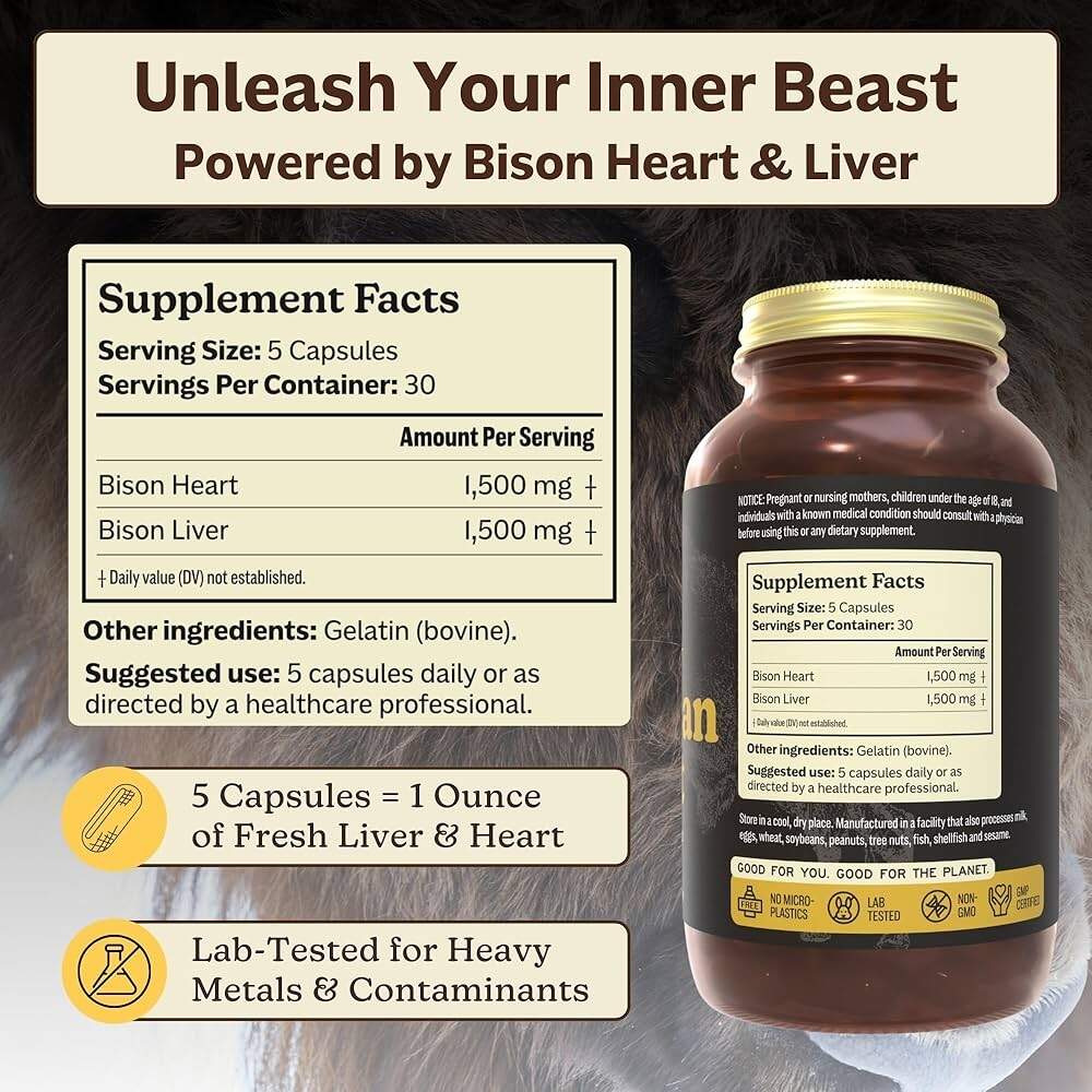 Amazon MK Supplements American Beast Bison Organ Supplement For Athletes Supports Strength Endurance Recovery Freeze Dried Non GMO Bison Liver Bison Heart 30 Servings 3 000 Mg Each Pet Supplies Green Beast Mass Gainer 25g Protein 72g Carbs 5g BCAA 924 Calories Amazon In Health Personal Care