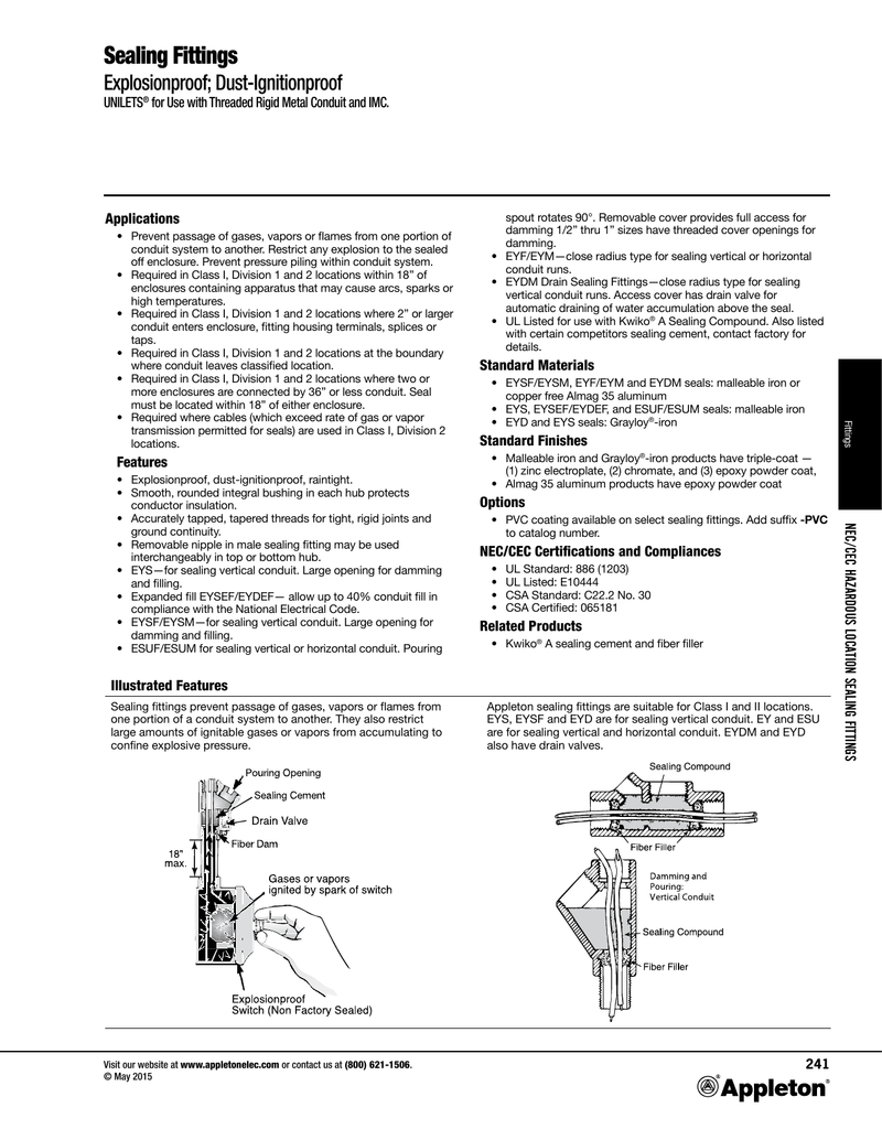 Appleton Explosionproof Sealing Fittings Specs