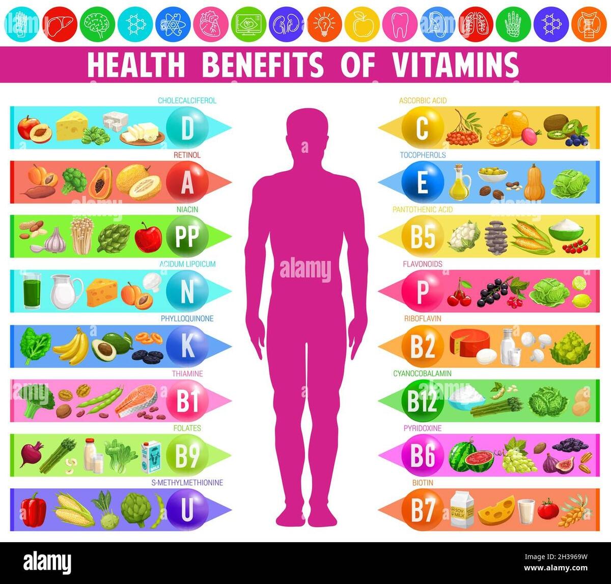 Nutrition Vitamins And Health Infographics Human Body Organs Vitamins Benefits And Food Sources Infographic Stock Vector Image Art Alamy