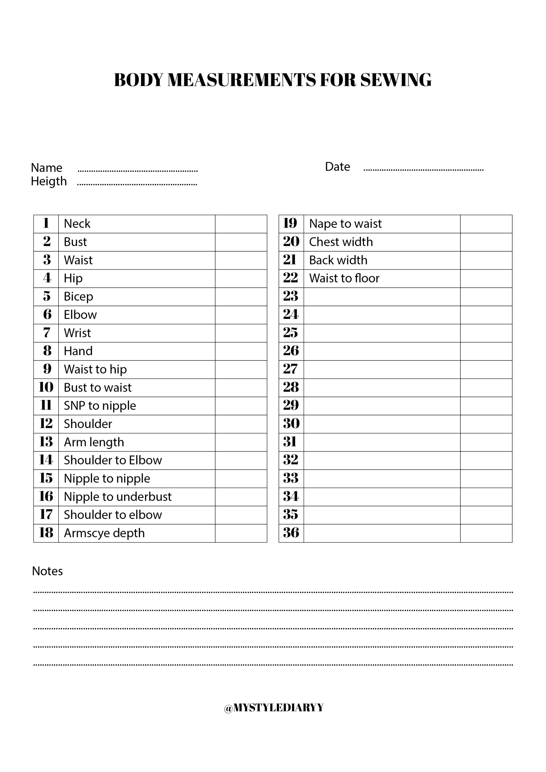 Blank Body Measurement Chart For Sewing