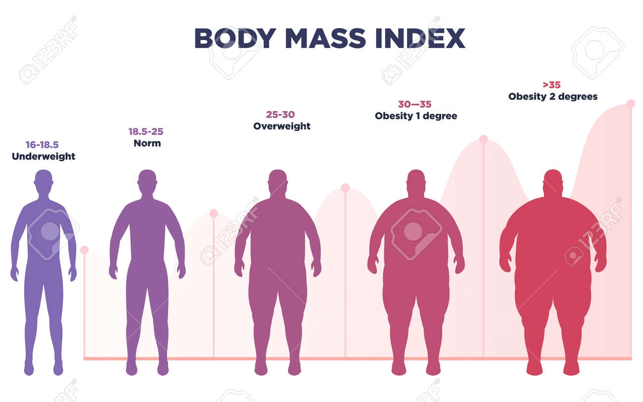 BMI Poster In Flat Design Vector Illustration With Scale Of Underweight To Extremely Obese Man Silhouette Royalty Free SVG Cliparts Vectors And Stock Illustration Image 187476702