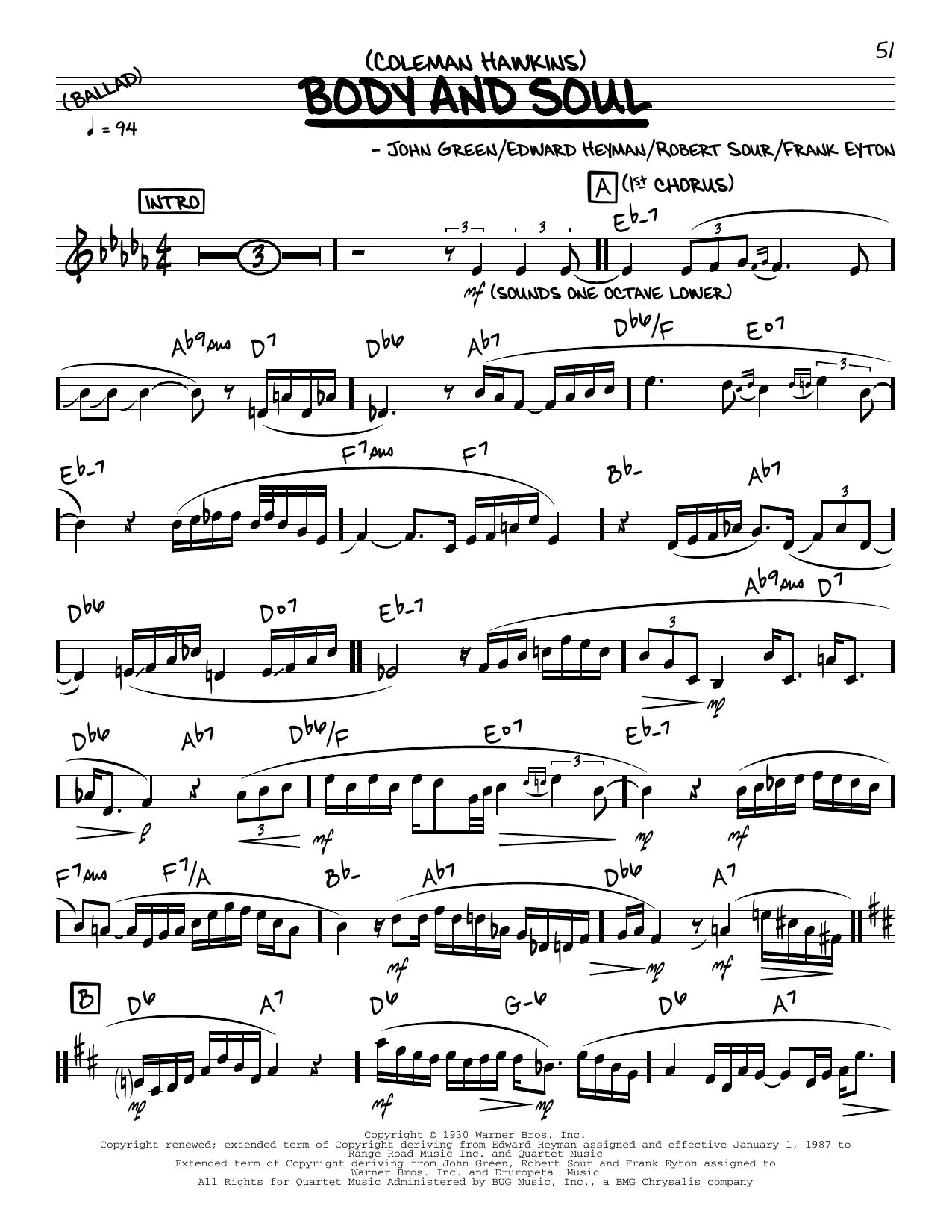 Body And Soul Solo Only Real Book Melody Chords Sheet Music To Download