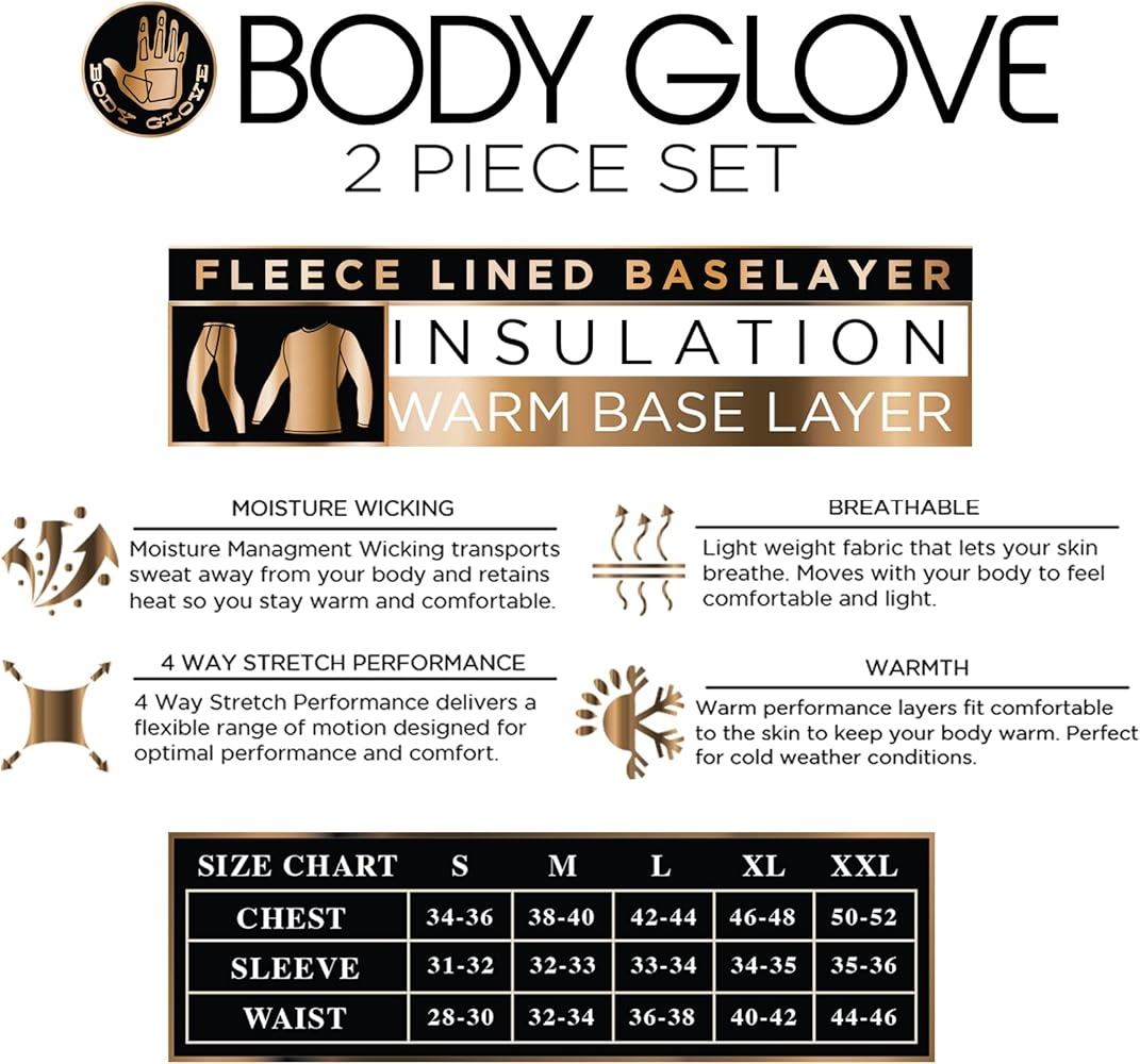 Body Glove 2 Piece Mens Fleece Lined Base Layer Underwear Set Warm Insulated Top And Bottom Long Johns For Winter Baselayer Thermal Black S At Amazon Men S Clothing Store