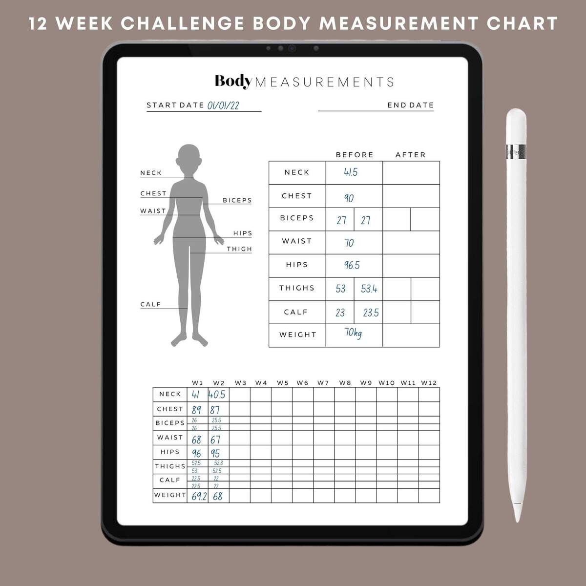 Body Measurement Chart 12 Week Challenge Tracker Printable PDF Body Measurement Tracker For Fitness Challenge A4 A5 Letter Etsy