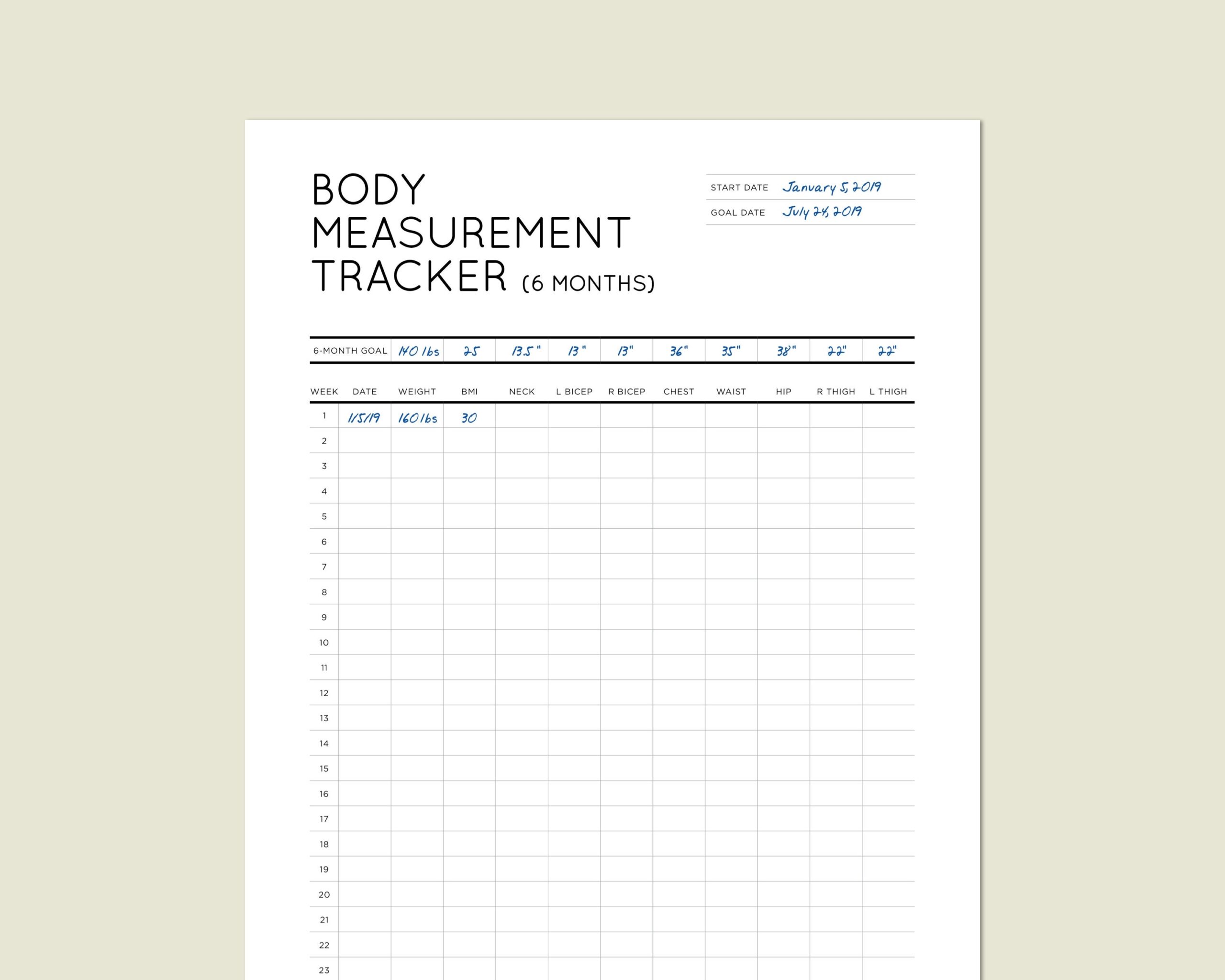 Body Measurement Chart For Weight Loss Etsy Australia