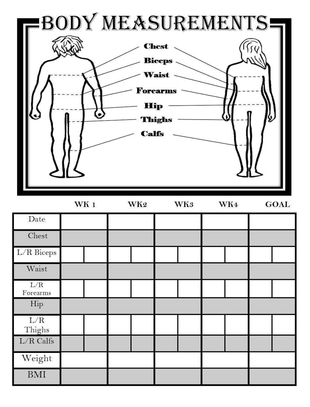Body Measurement Tracker Body Measurements Before And After Results Printable Etsy