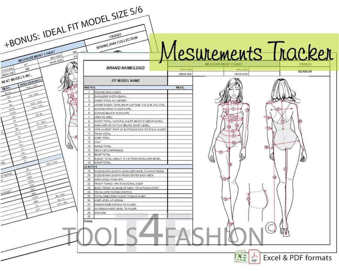 Body Measurements Tracker Chart Fashion Design Template Excel PDF JPEG Etsy