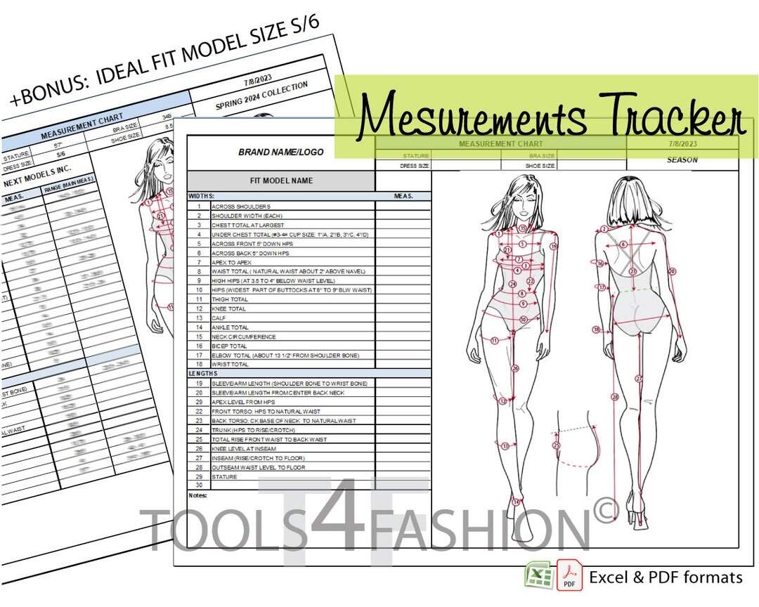 Body Measurements Tracker Chart Fashion Design Template Excel PDF JPEG Etsy