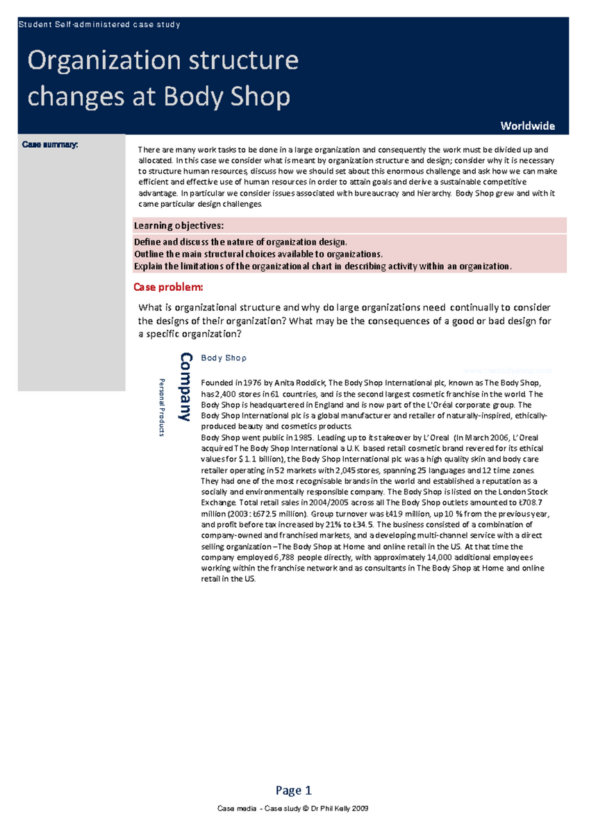 Body Shop Case Study Analyzing Organizational Structure Challenges Studocu