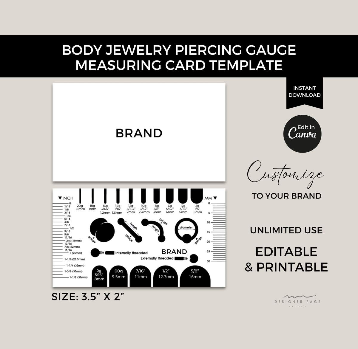 Editable Body Jewelry Piercing Gauge Measurement Card Template Canva Printable Piercing Gauge Size Guide Piercing Length Measuring Card Etsy