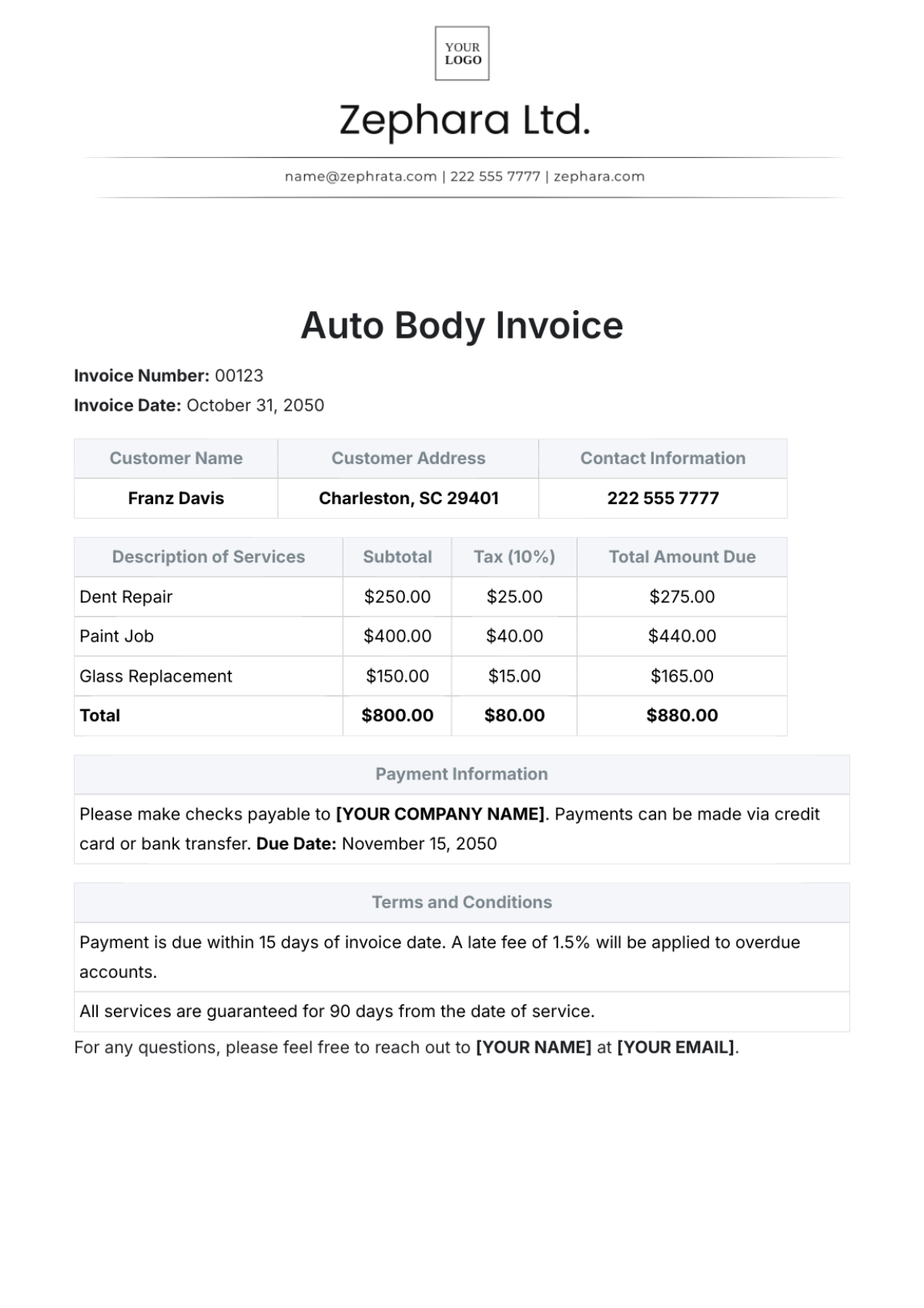 Free Auto Body Invoice Template To Edit Online