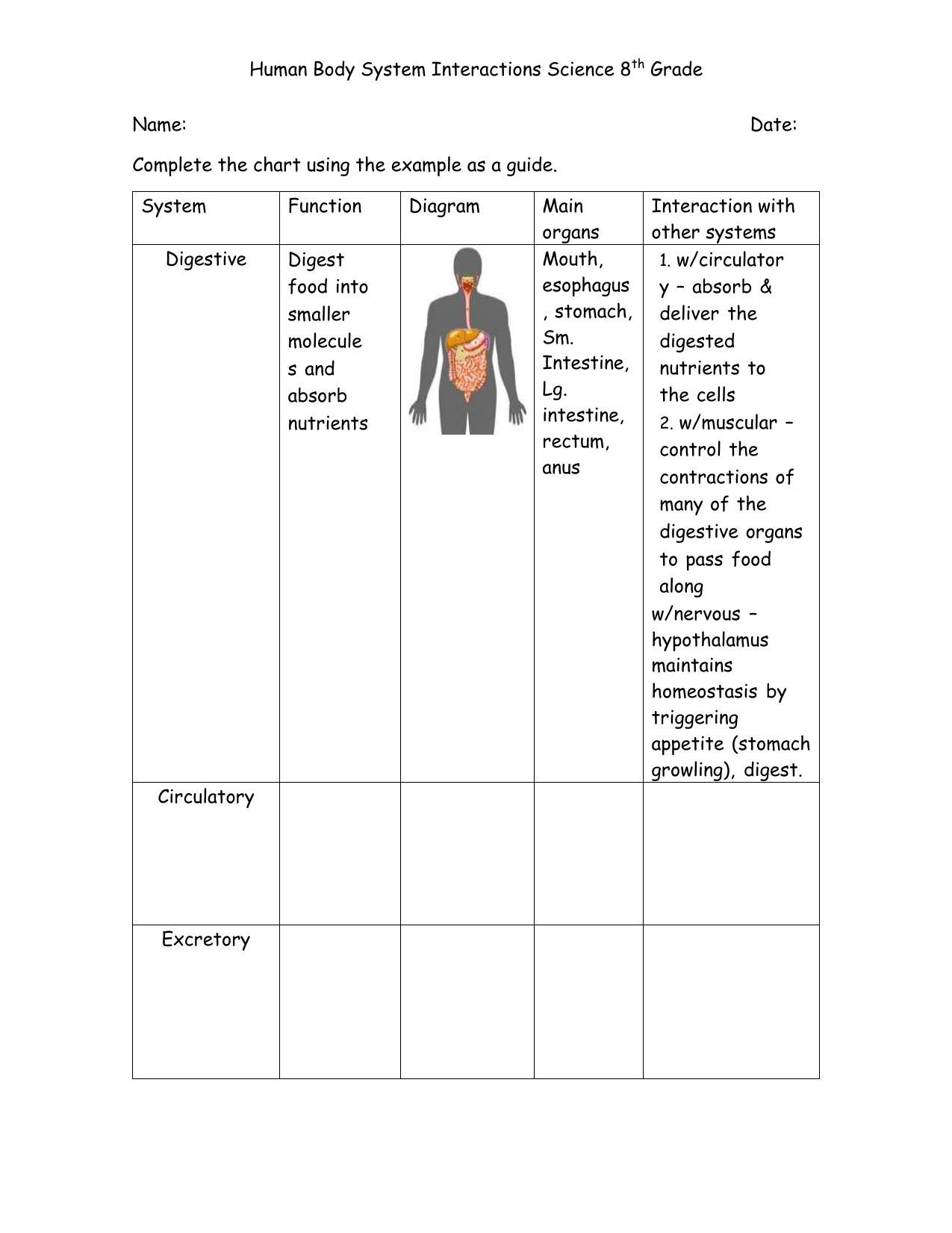 Human Body System Interactions Worksheet Human Body System Interactions Worksheet