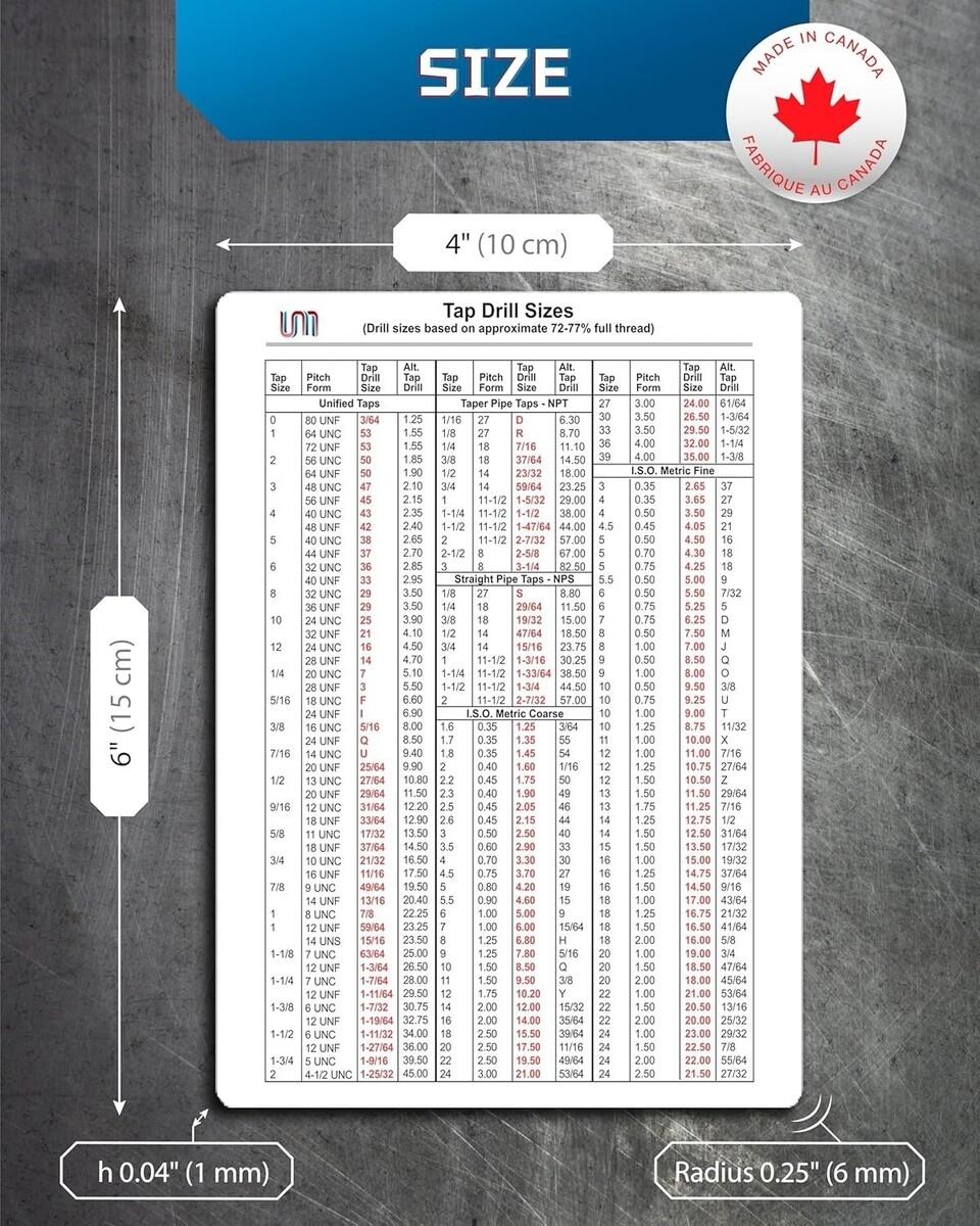 Inch And Metric Tap Drill Size Guide Chart Magnet UNC UNF NPT Size 4 X 6 EBay