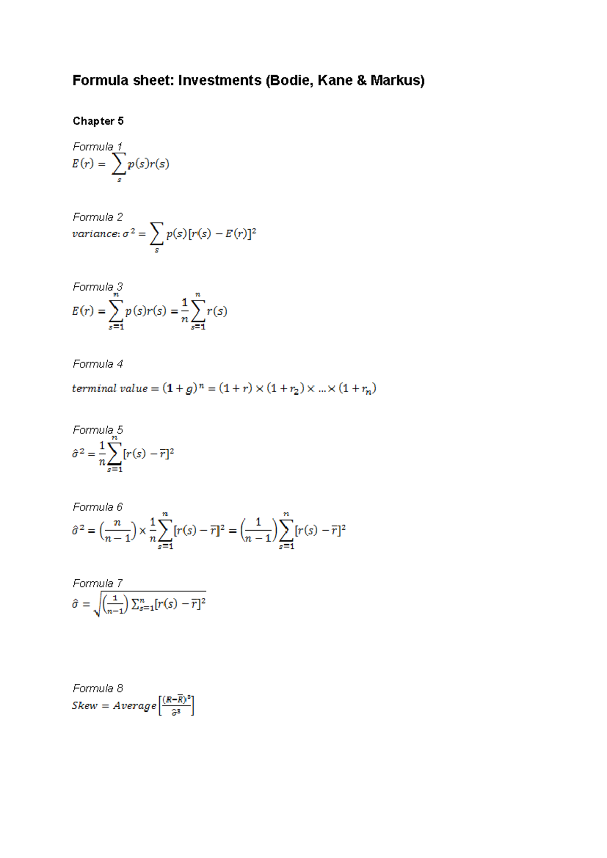 Investment Formula Sheet For Finance BKM 2023 Studocu