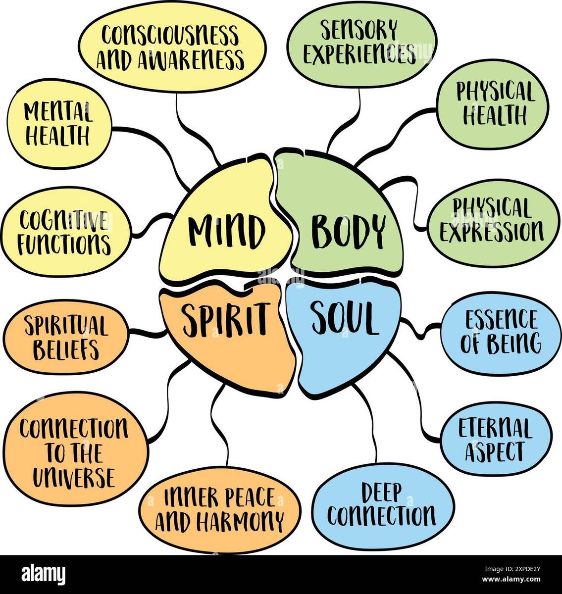 Mind Body Spirit Soul And You Holistic Concept That Encompasses The Various Aspects Of Human Existence And Well Being Vector Mind Map Diagram Stock Vector Image Art Alamy