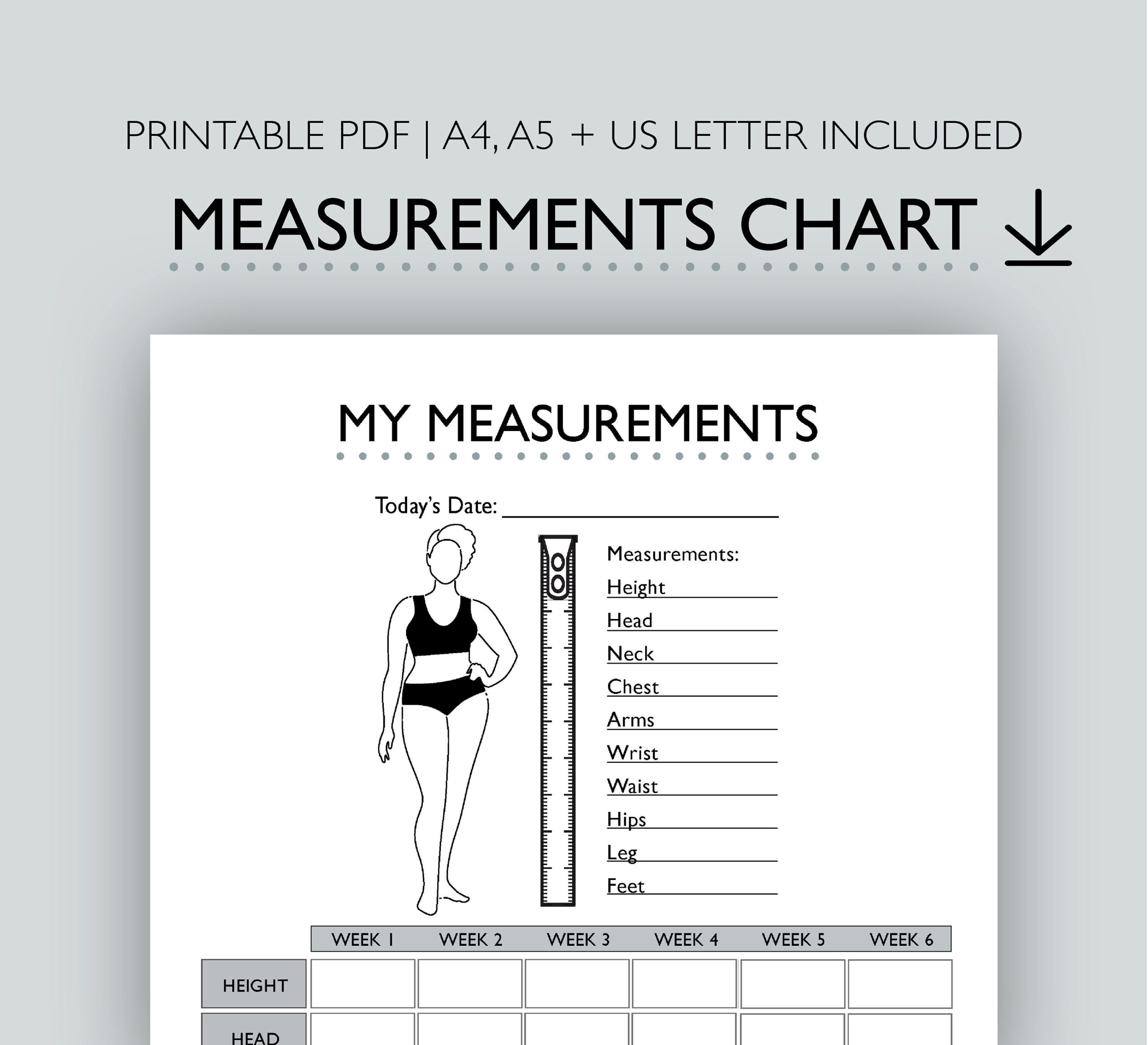 My Measurements Body Chart Weight Tracker Fitness Checklist Printable PDF A4 A5 US Letter Etsy Finland