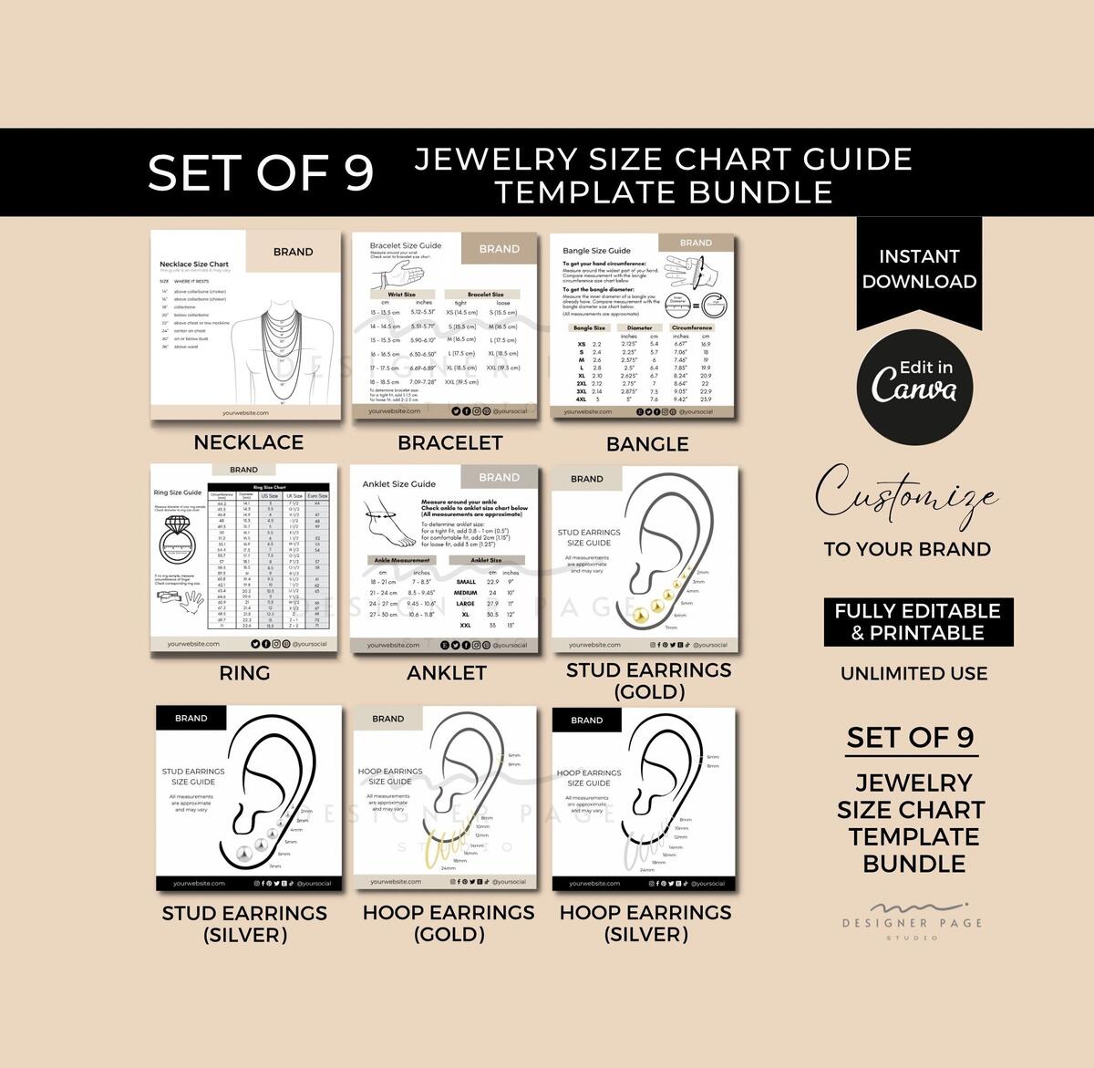 Necklace Size Chart Template Canva Editable Jewelry Size Chart Set Anklet Bangle Bracelet Size Chart Earrings Size Guide Ring Size Chart Etsy Denmark Free Ring Size Chart Templates Editable And Printable