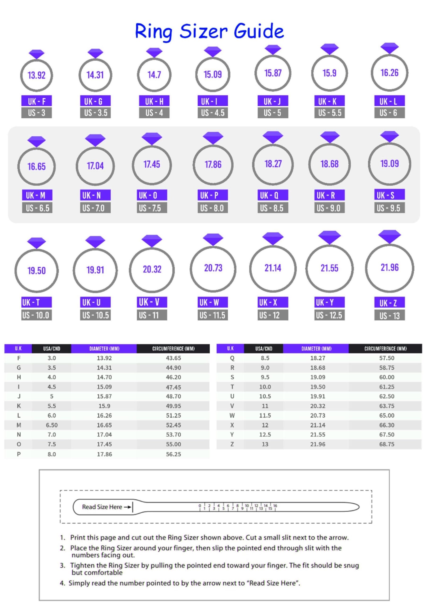 Printable Ring Size Chart US UK Sizes Instant Download Etsy Israel