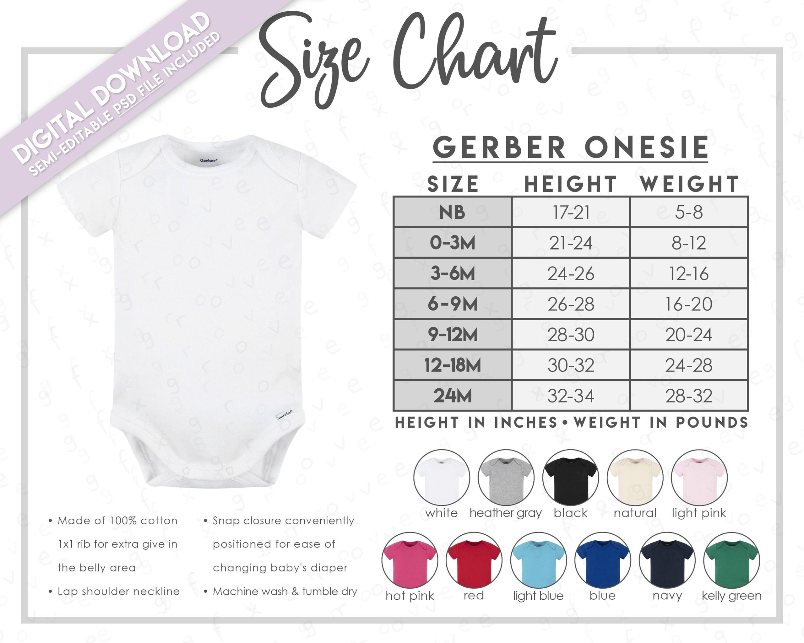 Semi Editable Baby Bodysuit Size Color Chart Gerber Baby Bodysuit Size Chart Etsy