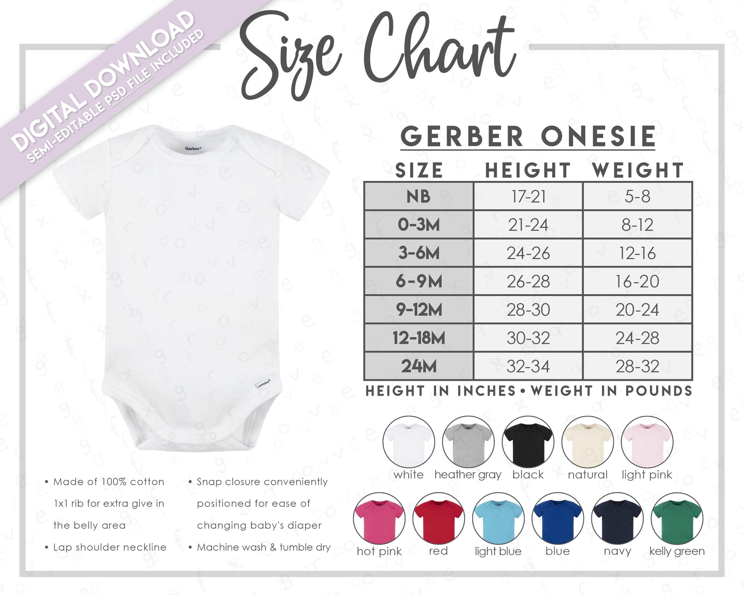 Semi Editable Baby Bodysuit Size Color Chart Gerber Baby Bodysuit Size Chart Etsy