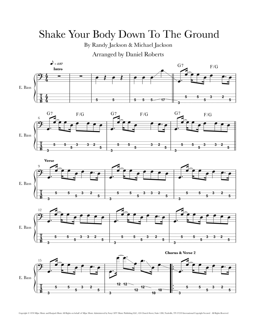 Shake Your Body Down To The Ground Arr Daniel Roberts By The Jacksons Sheet Music For Bass Guitar Tab At Sheet Music Direct