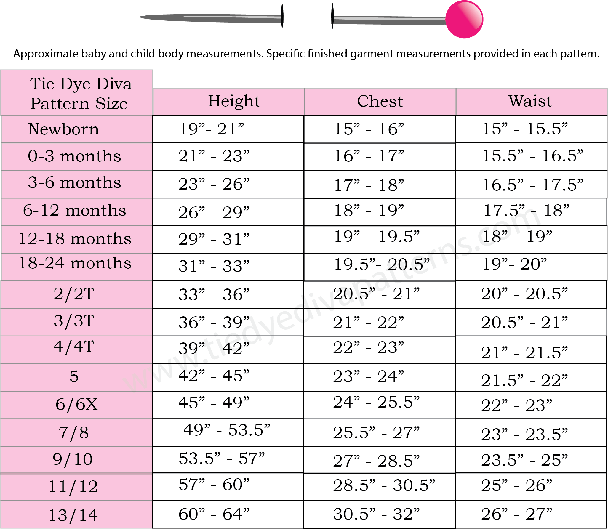 Size Charts Tie Dye Diva Patterns