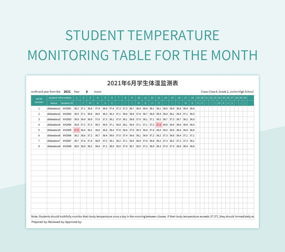 Student Temperature Monitoring Table For The Month Excel Template And Google Sheets File For Free Download Slidesdocs