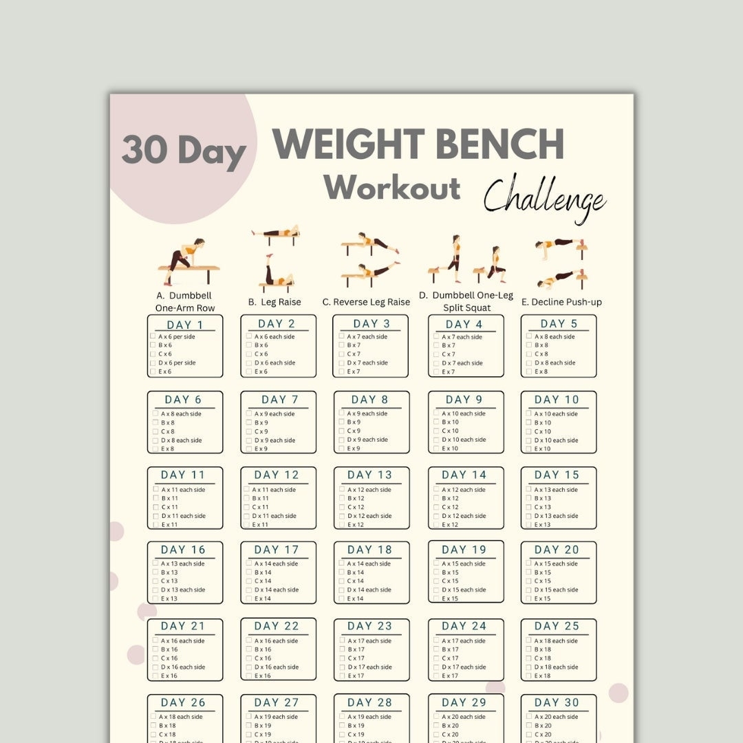 Workout Chart Bench Press Routine For Size 30 Day Weight Bench Challenge Full Body Workout Digital